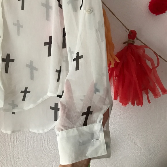 About a Girl white sheer button-up with crosses XS - Picture 3 of 6